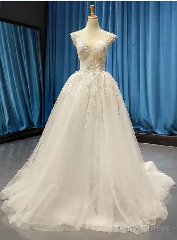 White Ball Gowns Tulle Appliques Bateau Backless Wedding Dresses