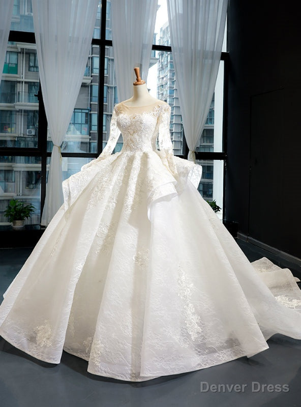White Ball Gowns Tulle Appliques Long Sleeve Backless Wedding Dresses