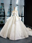 White Ball Gowns Tulle Appliques Long Sleeve Backless Wedding Dresses