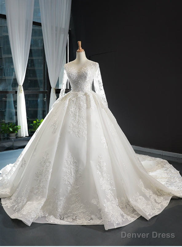 White Ball Gowns Tulle Appliques Long Sleeve Wedding Dresses With Train