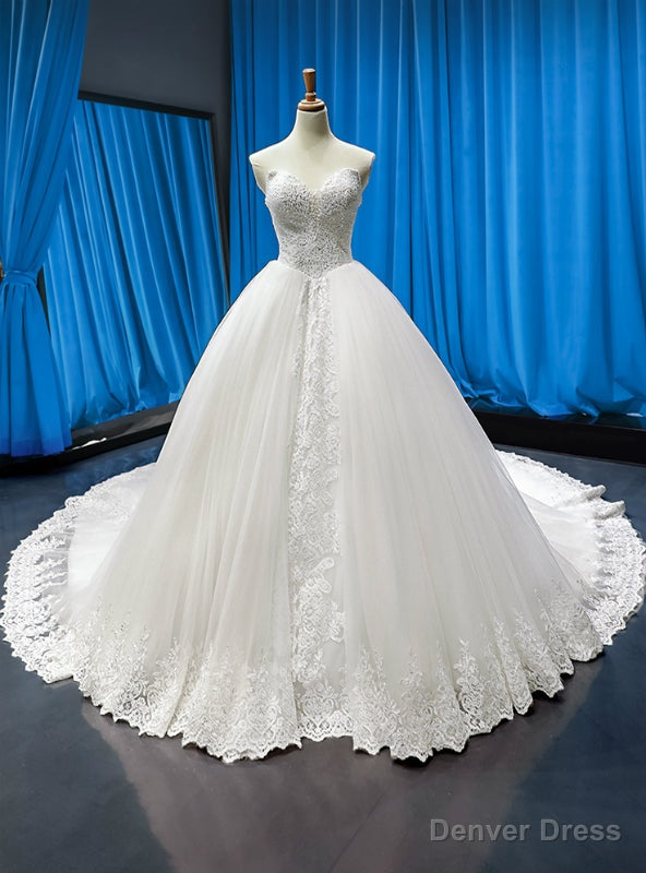 White Ball Gowns Tulle Appliques Sweetheart Wedding Dresses With Beading