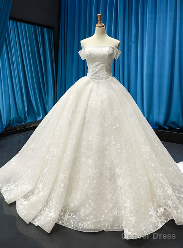 White Ball Gowns Tulle Embroidery Off the Shoulder Wedding Dresses
