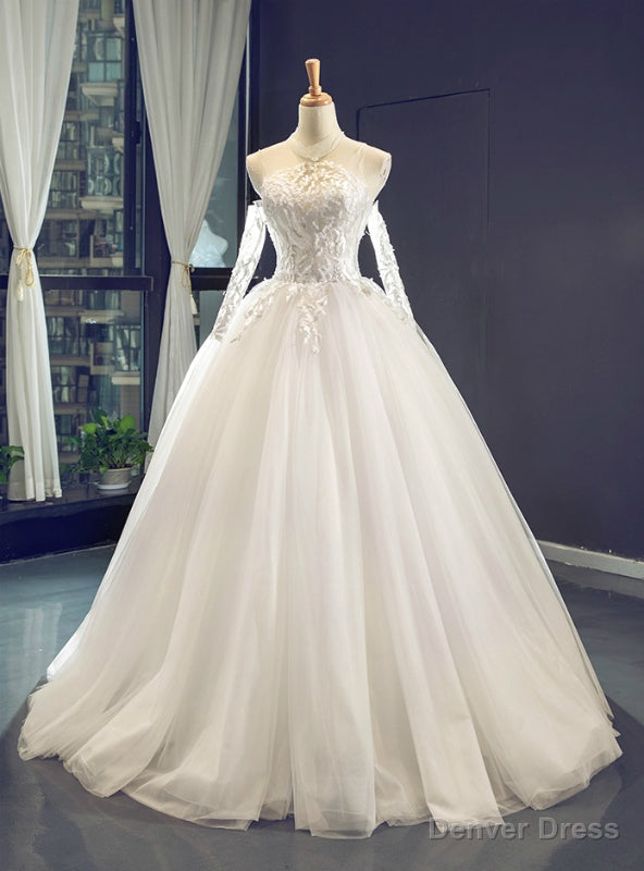 White Ball Gown Tulle Lace Appliques High Neck Wedding Dress Main image