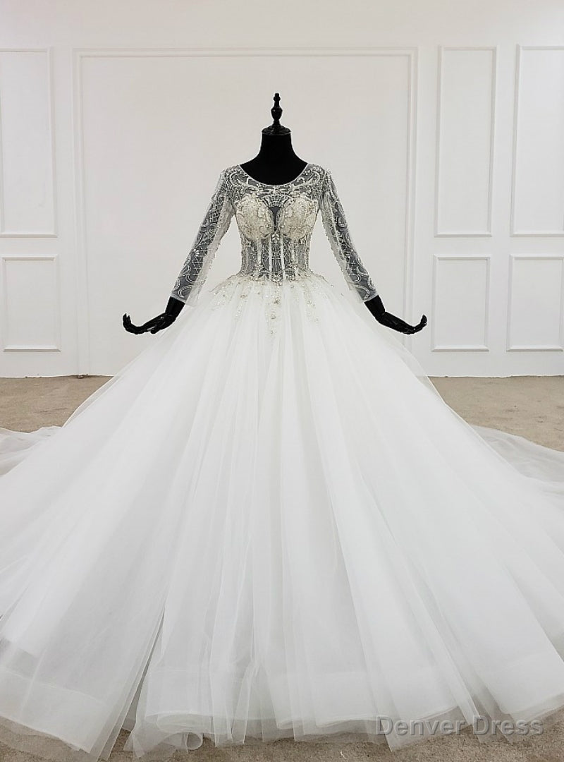 White Ball Gown Tulle Long Sleeve Backless Beading Crystal Wedding Dress Main image