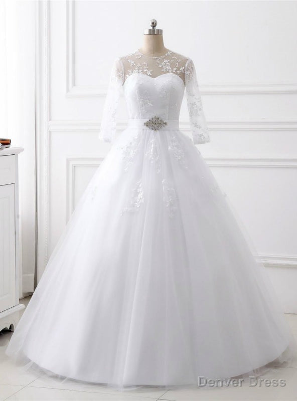 White Ball Gowns Tulle Long Sleeve Backless Wedding Dresses With Belt