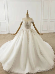 White Ball Gown Tulle Off the Shoulder Beading Wedding Dress