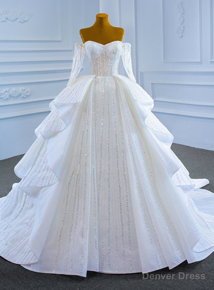 White Ball Gown Tulle Off the Shoulder Long Sleeve Beading Wedding Dress Main image