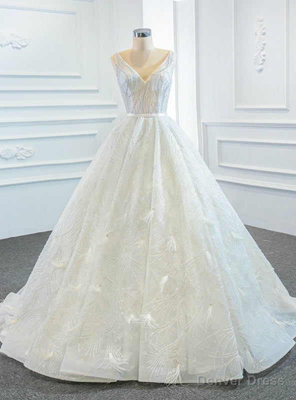 White Ball Gowns Tulle Sequins Feather Sleeveless Wedding Dresses