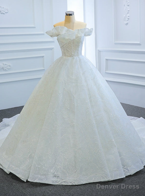White Ball Gowns Tulle Sequins Off the Shoulder Wedding Dresses