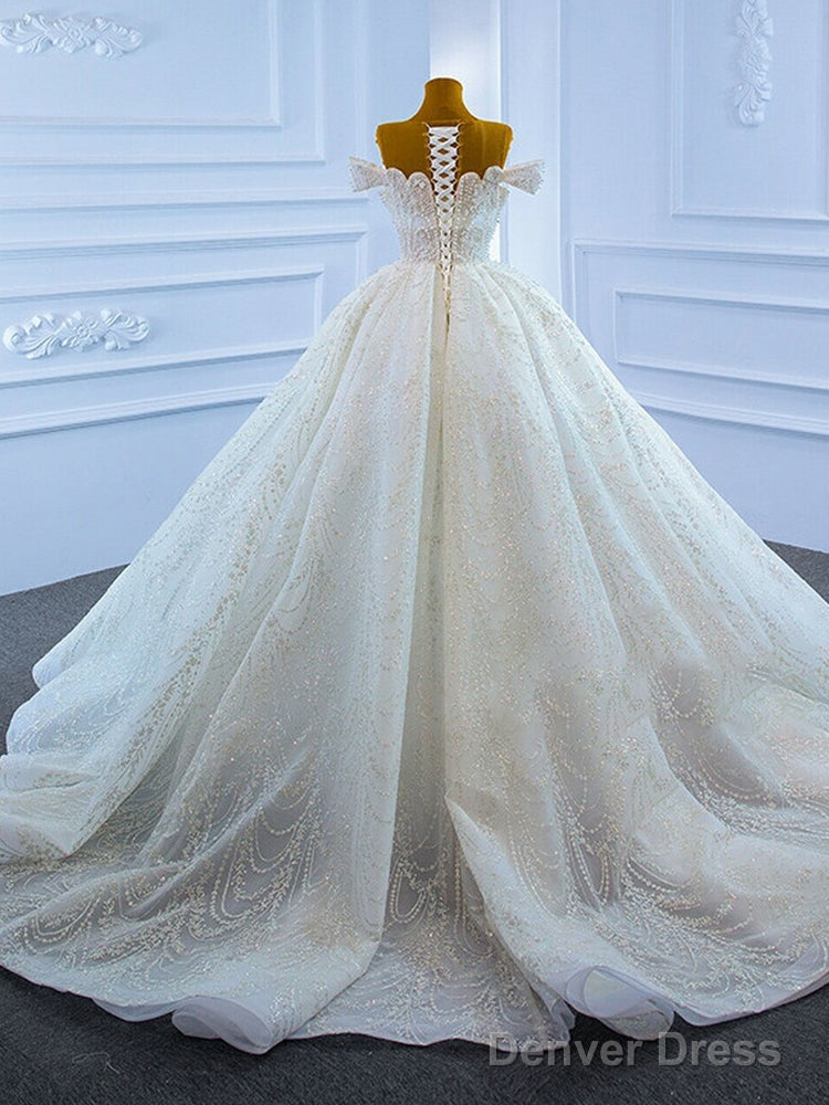White Ball Gown Tulle Sequins Scoop Pearls Wedding Dress Party Prom Dresses Secondary image