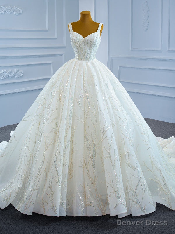 White Ball Gowns Tulle Sequins Straps Wedding Dresses