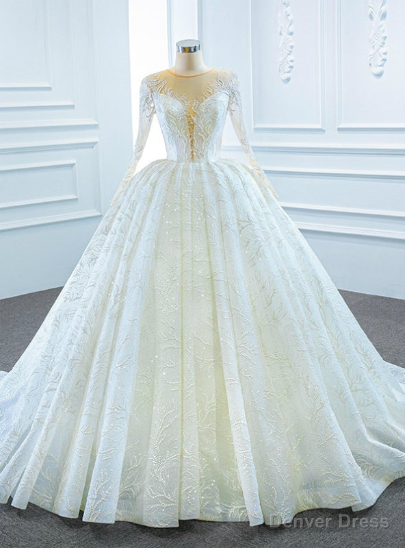 White Ball Gowns Tulle Seuqins Long Sleeve Wedding Dresses
