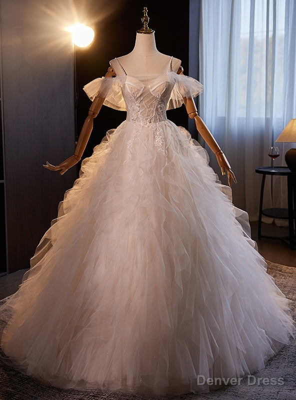 White Ball Gowns Tulle Spaghetti Straps Appliques Wedding Dresses