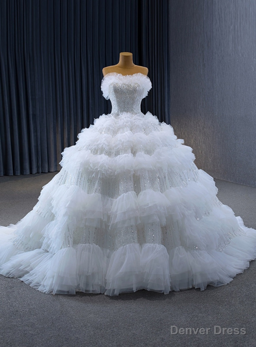 White Ball Gown Tulle Tiers Sequins Wedding Dress Main image
