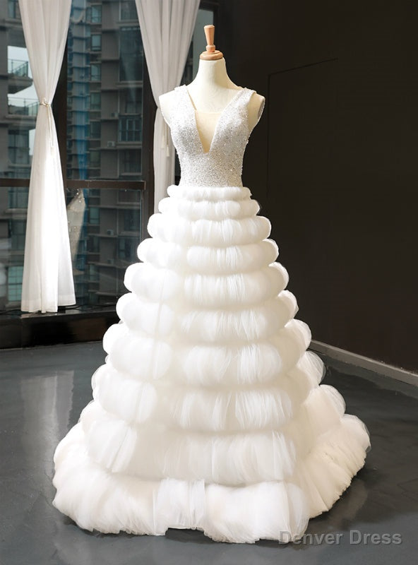 White Ball Gown V-neck Backless Tulle Beading Sequins Floor Length Wedding Dress Main image