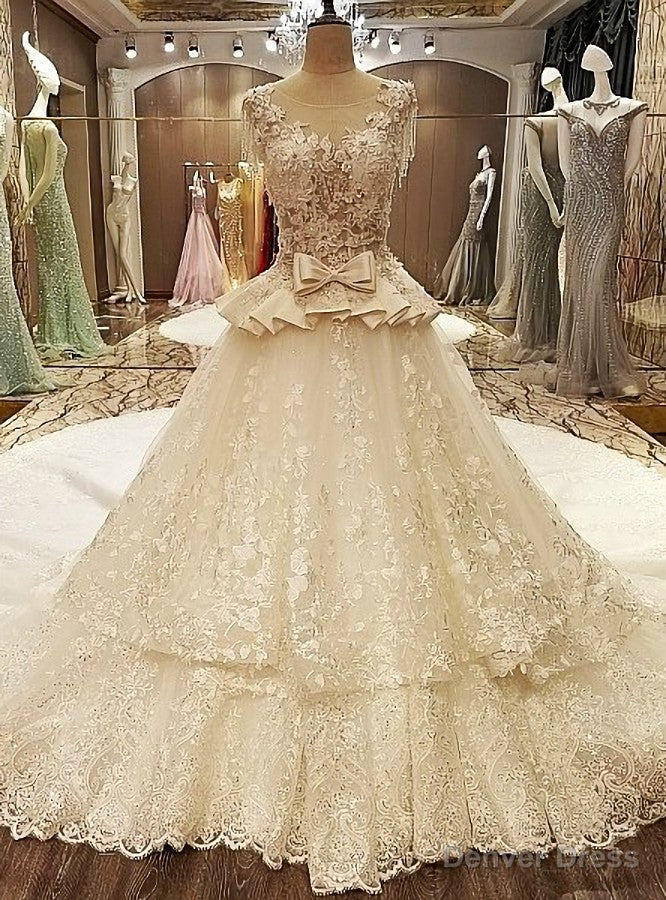 White Ball Gowns Vap Beading Sleeves Corset Back Wedding Dresses Long Train