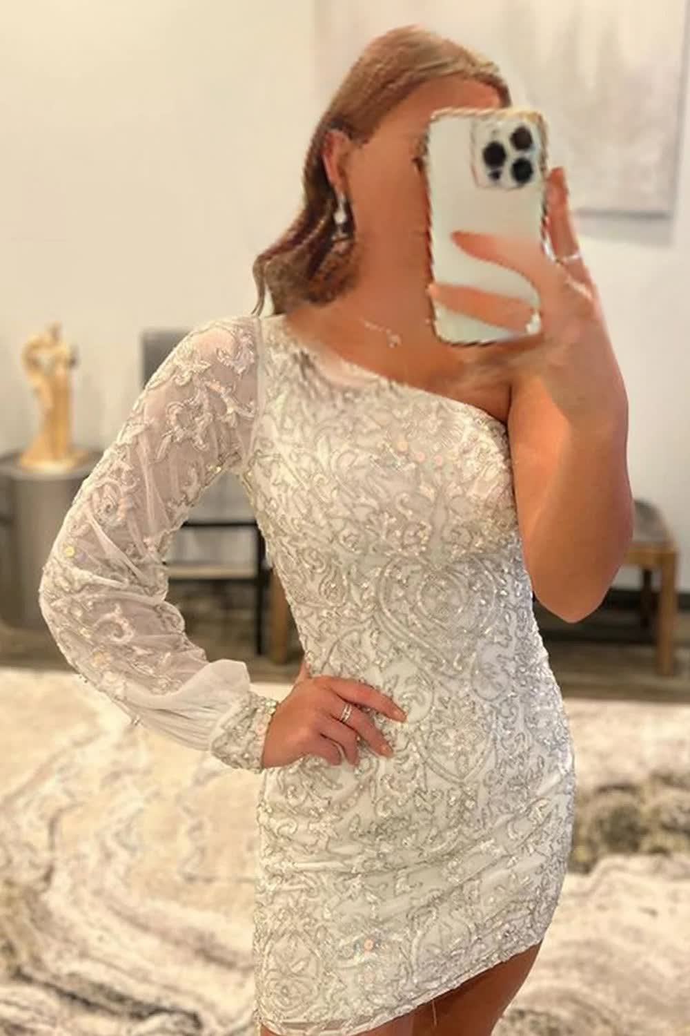 white beaded sequins one shoulder tight homecoming dress