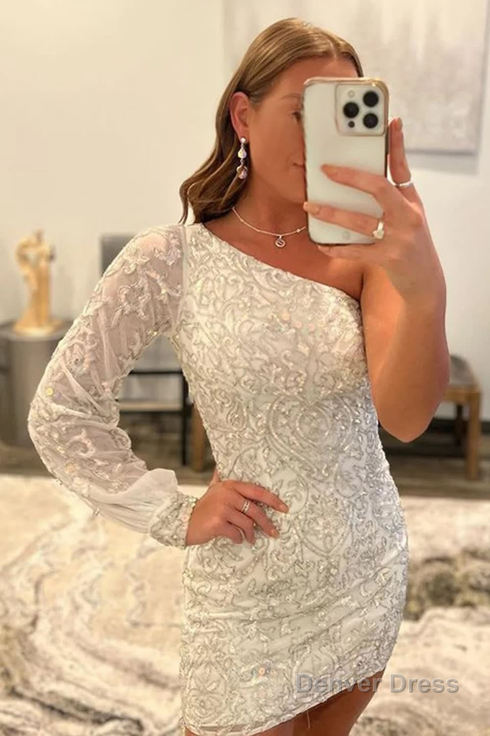 White Beaded Sequins One Shoulder Tight Homecoming Dresses