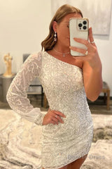 white beaded sequins one shoulder tight homecoming dress