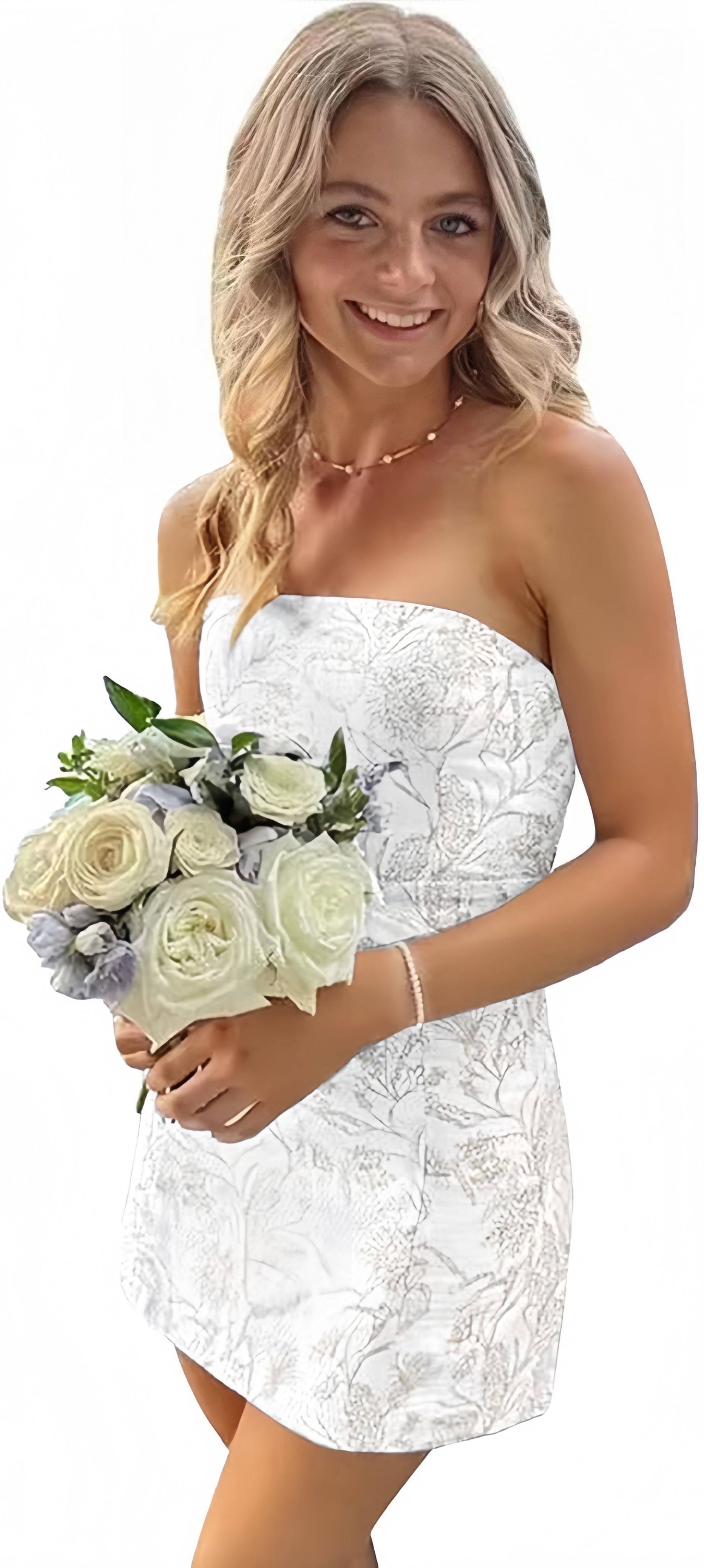 White Blue Floral Homecoming Dress Strapless Short Prom Dresses,