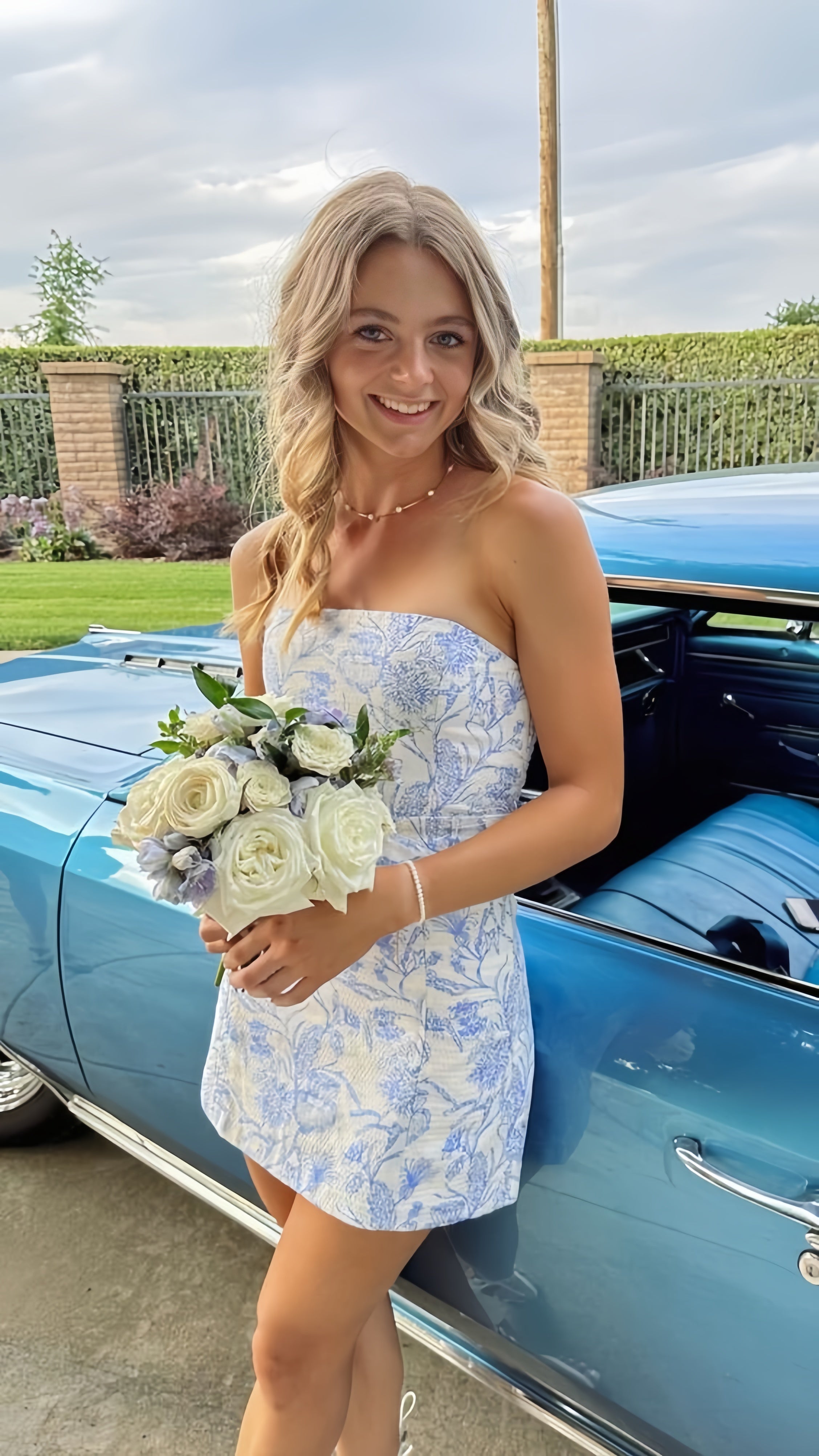 White Blue Floral Homecoming Dress Strapless Short Prom Dresses, Main image