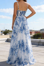 White Blue Flower Spaghetti Straps Ruched Corset Long Prom Dresses With Slit