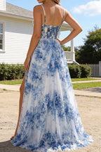 White Blue Flower Spaghetti Straps Ruched Corset Long Prom Dresses With Slit