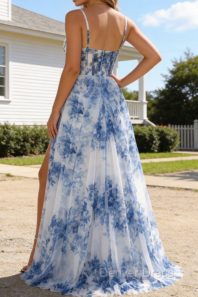 White Blue Flower Spaghetti Straps Ruched Corset Long Prom Dresses With Slit