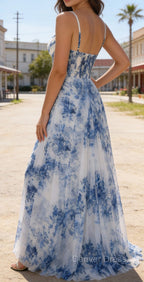 White Blue Flower Spaghetti Straps Ruched Corset Long Prom Dresses With Slit