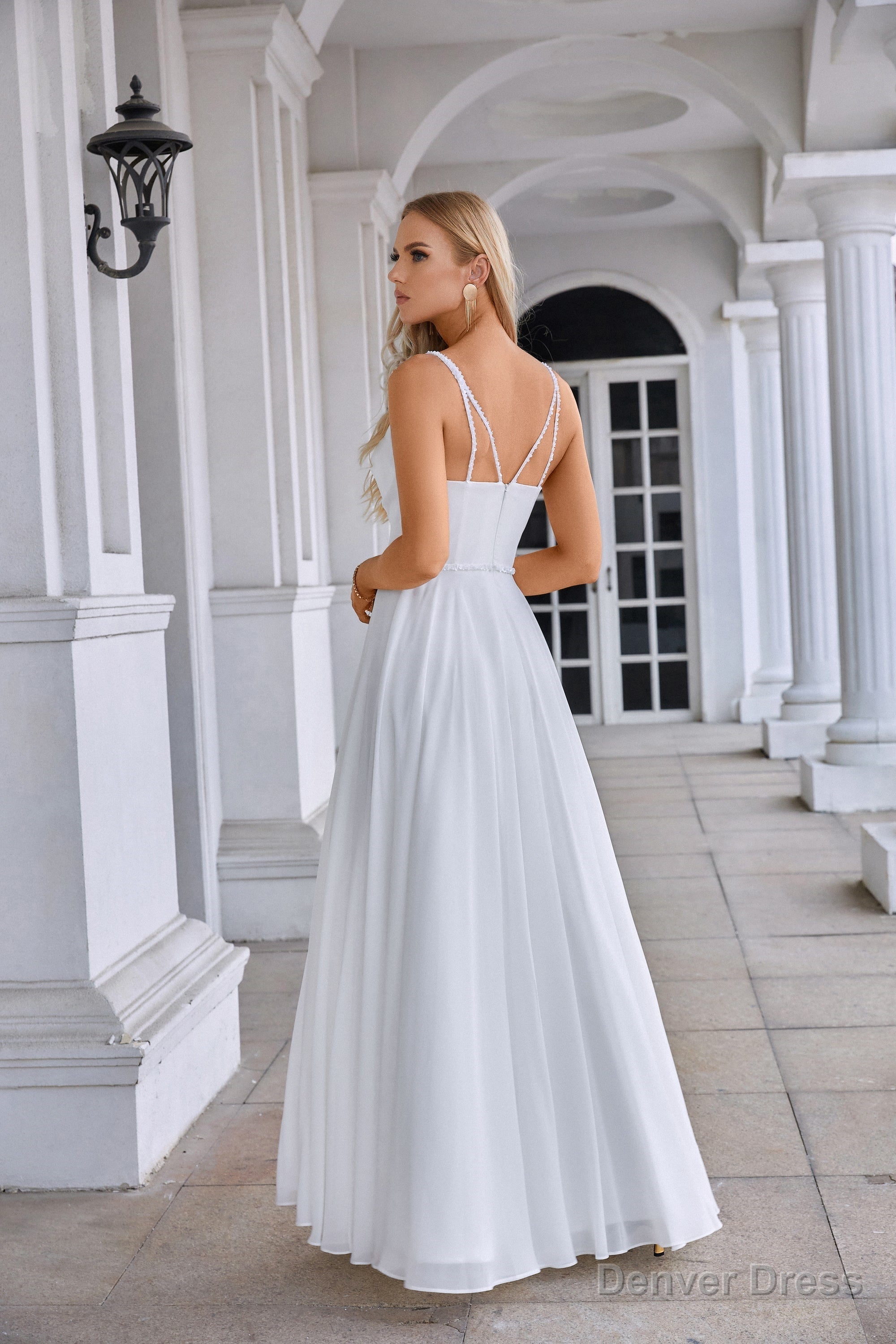 White Chiffon Prom Dress Surplice Neck A Line Long Prom Dresses with Spaghetti Straps