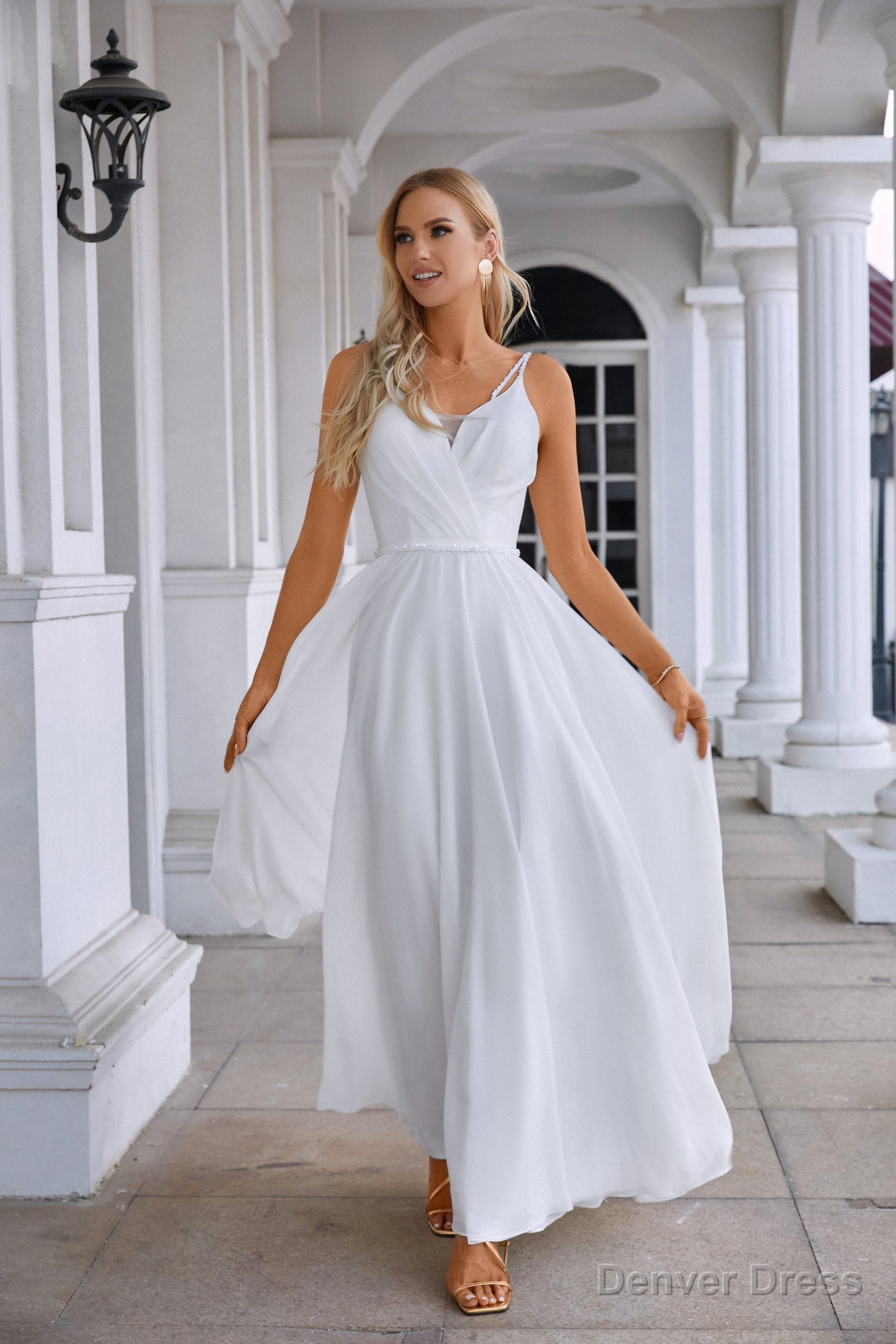 White Chiffon Prom Dresses Surplice Neck A-Line Long Evening Dress with Spaghetti Straps Main image