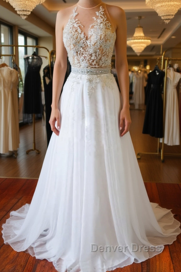 White Chiffon Tulle Appliques Lace Sweep Train Sexy Open Back Prom Dress, Lace Prom Dresses Main image