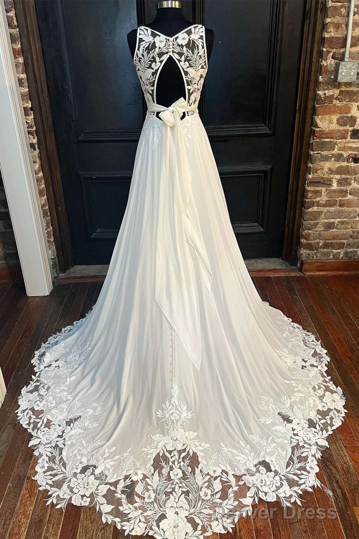 White Cowl Neck Cutout Back Lace Trimmed Long Wedding Dresses Beautiful Secondary image