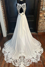 White Cowl Neck Cutout Back Lace Trimmed Long Wedding Dresses Beautiful