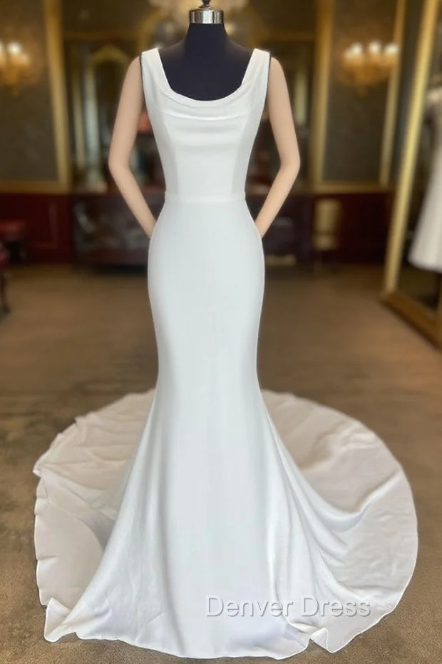 White Cowl Neck Open Back Mermaid Long Wedding Dresses Pure Color