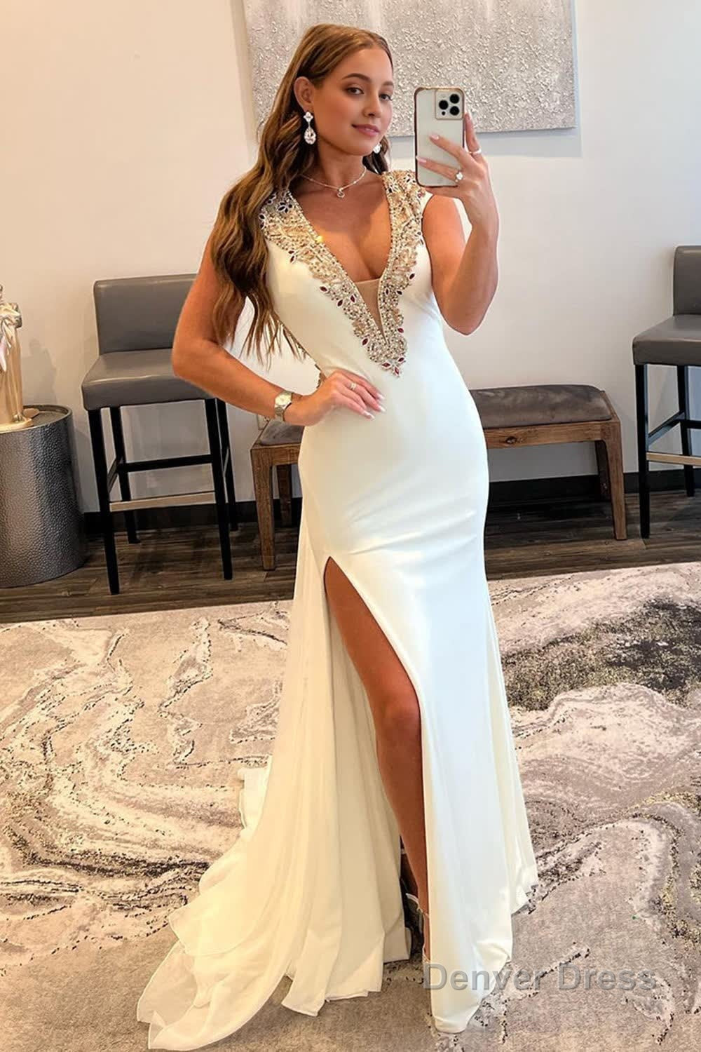 White Deep V-Neck Backless Prom Dress with Beading Main image