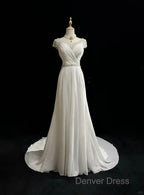 White Elegant A-Line Chiffon V-Neck Long Prom Dresses With Beading Simple Wedding Dresses