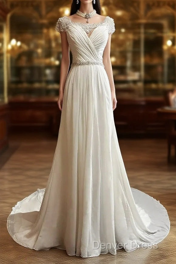 White Elegant A-Line Chiffon V-Neck Long Prom Dresses With Beading Simple Wedding Dresses Main image