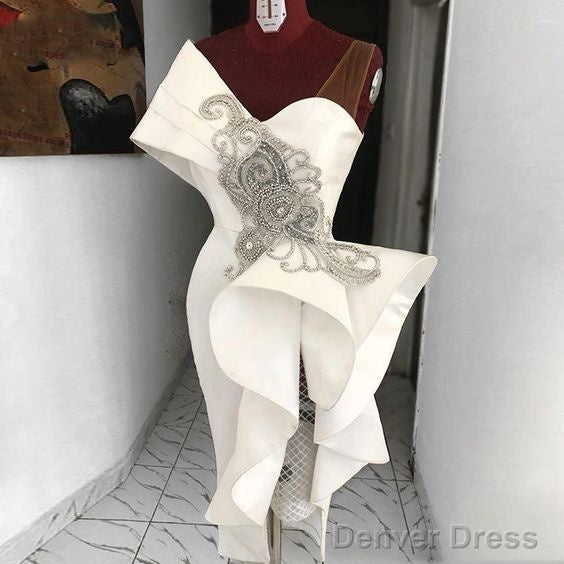 White Prom Dress Short Lace Applique Beaded Mermaid Modest Prom Gowns Homecoming Dresses Main image