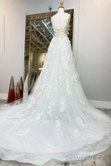 White Floral Applique Sweetheart Long Wedding Dress With Sweeping Train Beautiful