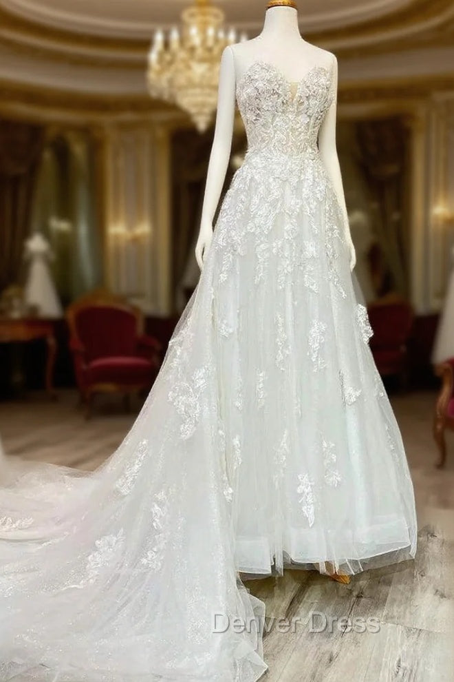 White Floral Applique Sweetheart Long Wedding Dresses With Sweeping Train Beautiful Main image