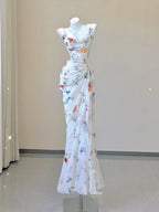 White Floral Elegant Sweet Sophisticated Long Chiffon Ball Gowns Prom Dress
