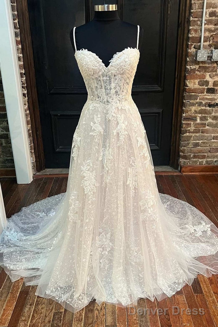 White Floral Lace Sweetheart Straps A-Line Long Bridal Gown Sexy Main image