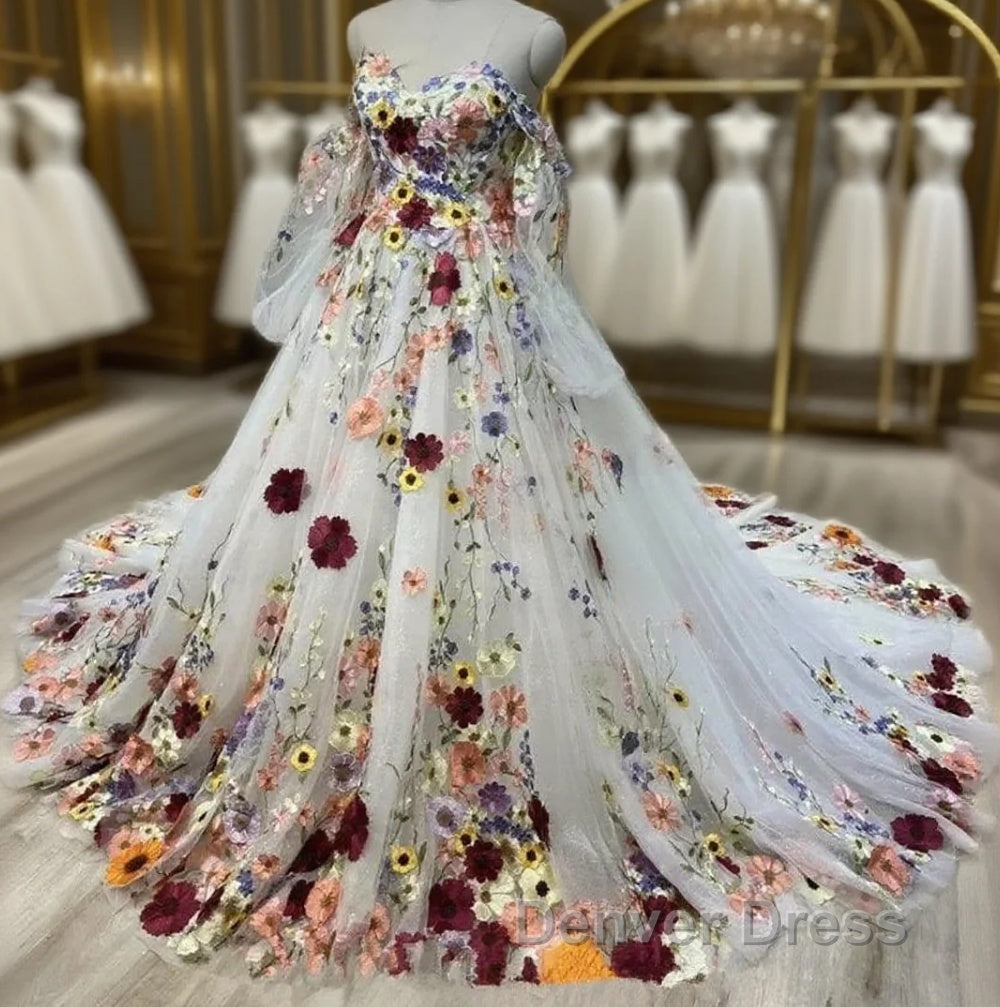 White Floral Sweetheart Long Sleeves Ball Gown Prom Dresses Main image
