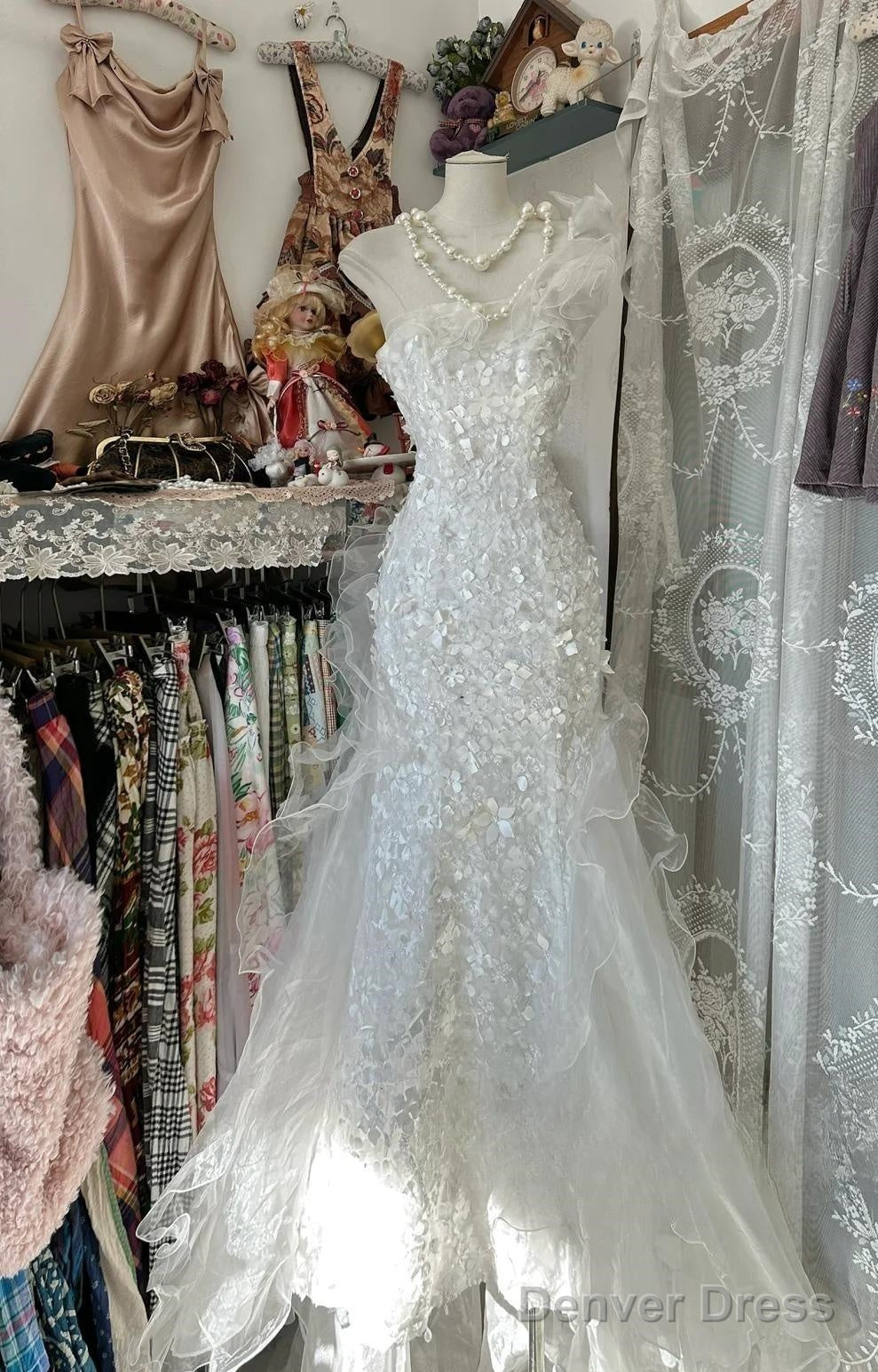 White Gentle Water Gloss Mermaid Sequin Applique Long Prom Dress Gorgeous One Shoulder Wedding Evening Dress Main image