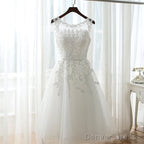 White Graduation Dress, Round Neckline Tea Length Prom Dress, Cute Prom Dresses