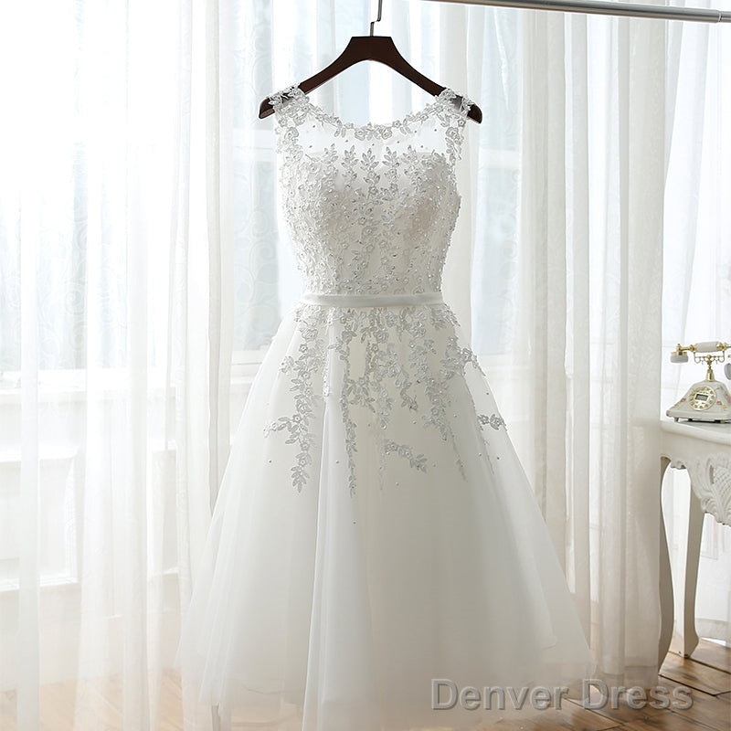 White Graduation Dress, Round Neckline Tea Length Prom Dress, Cute Prom Dresses
