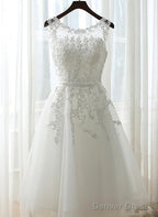 White Graduation Dress, Round Neckline Tea Length Prom Dress, Cute Prom Dresses