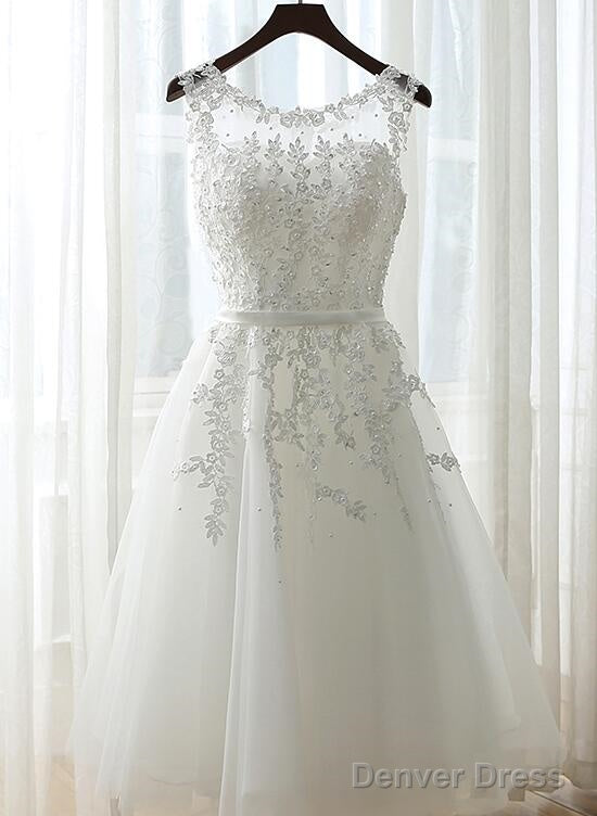 White Graduation Dress, Round Neckline Tea Length Prom Dress, Cute Prom Dresses