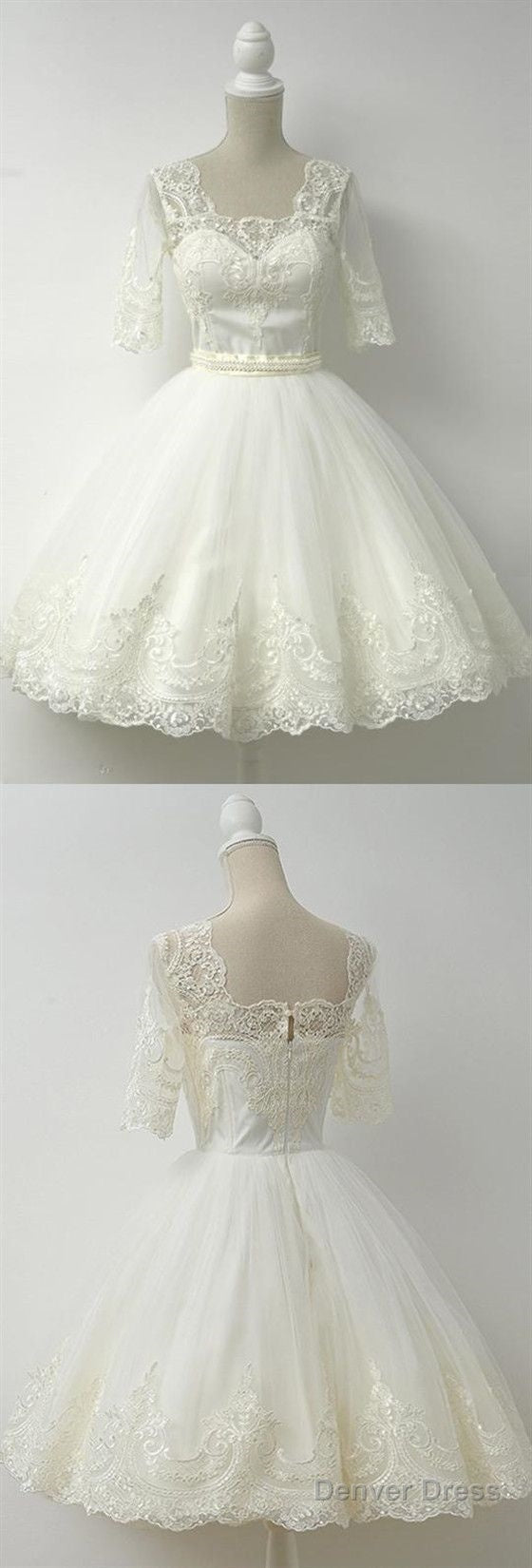 White Half Sleeves A Line Short Homecoming Dress,Lace Cocktail Dresses Main image